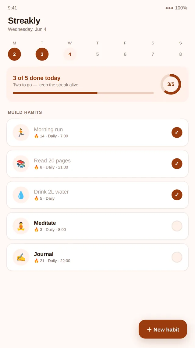 Streakly habit tracker app running on Android